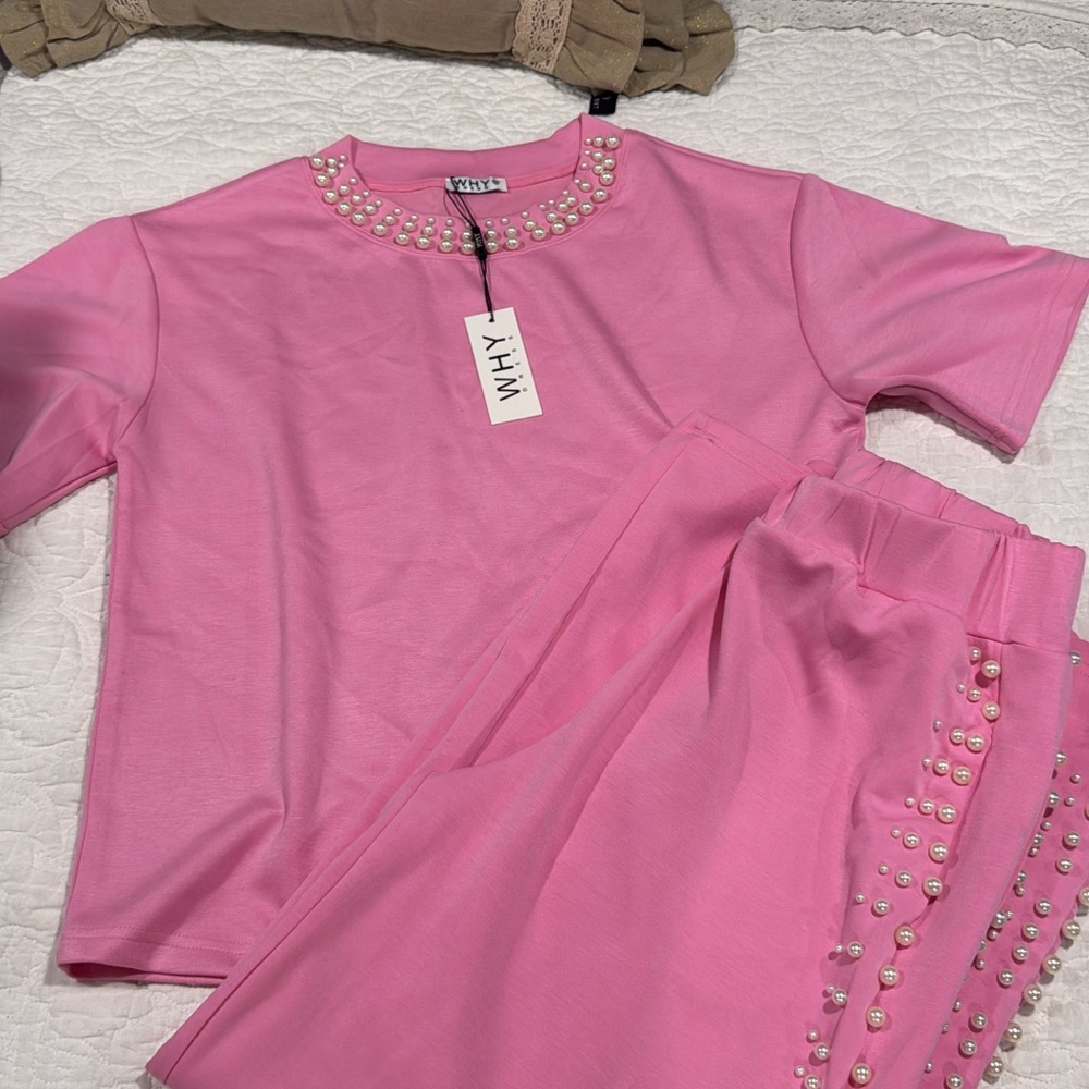 Pink Pearl Embellished Top and Pants Set